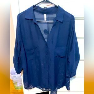 Xhilaration Navy Blue See Through Quarter Sleeve Button Up Cover Up- Size: 2